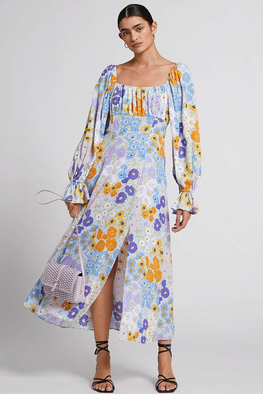 Floral Puff Sleeve Split Midi Dress