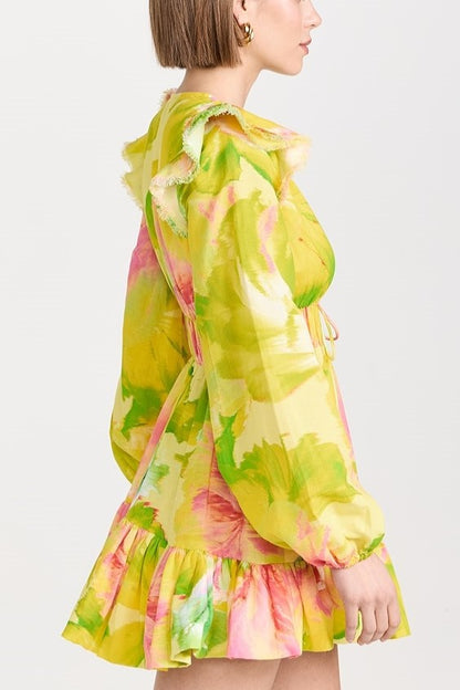 Floral V-Neck Frill Lantern Sleeve Mini Dress