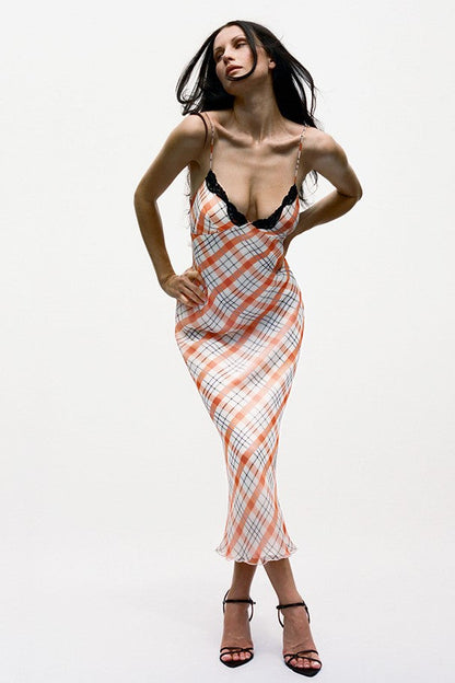 Lace Checks Slip Midi Dress