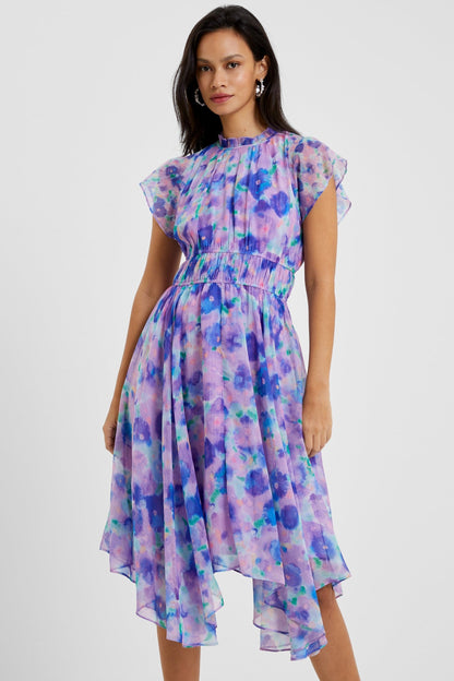 Printed Crew Collar Asymmetric Hem Midi Dress