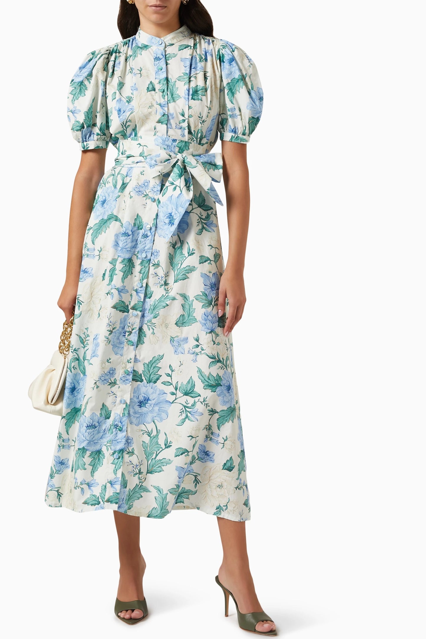 Floral Single Breasted Puff-Sleeve Midi Dress With Belt