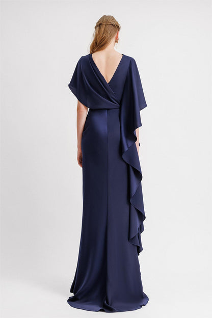 Satin Gathering Ruffle Maxi Dress