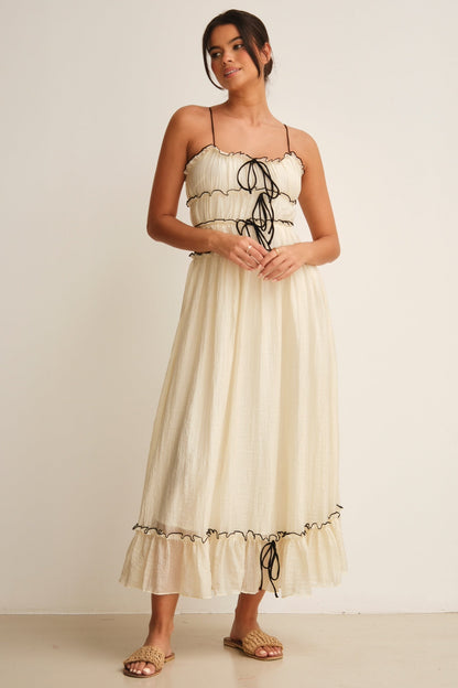 Frill Lace Up Sleeveless Midi Dress