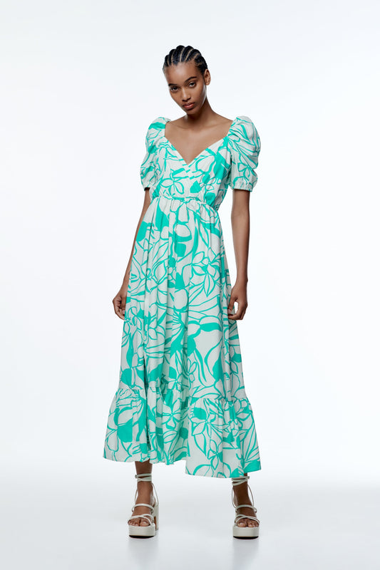 Floral Puff Sleeve V-Neck Large Hemline Maxi Dress