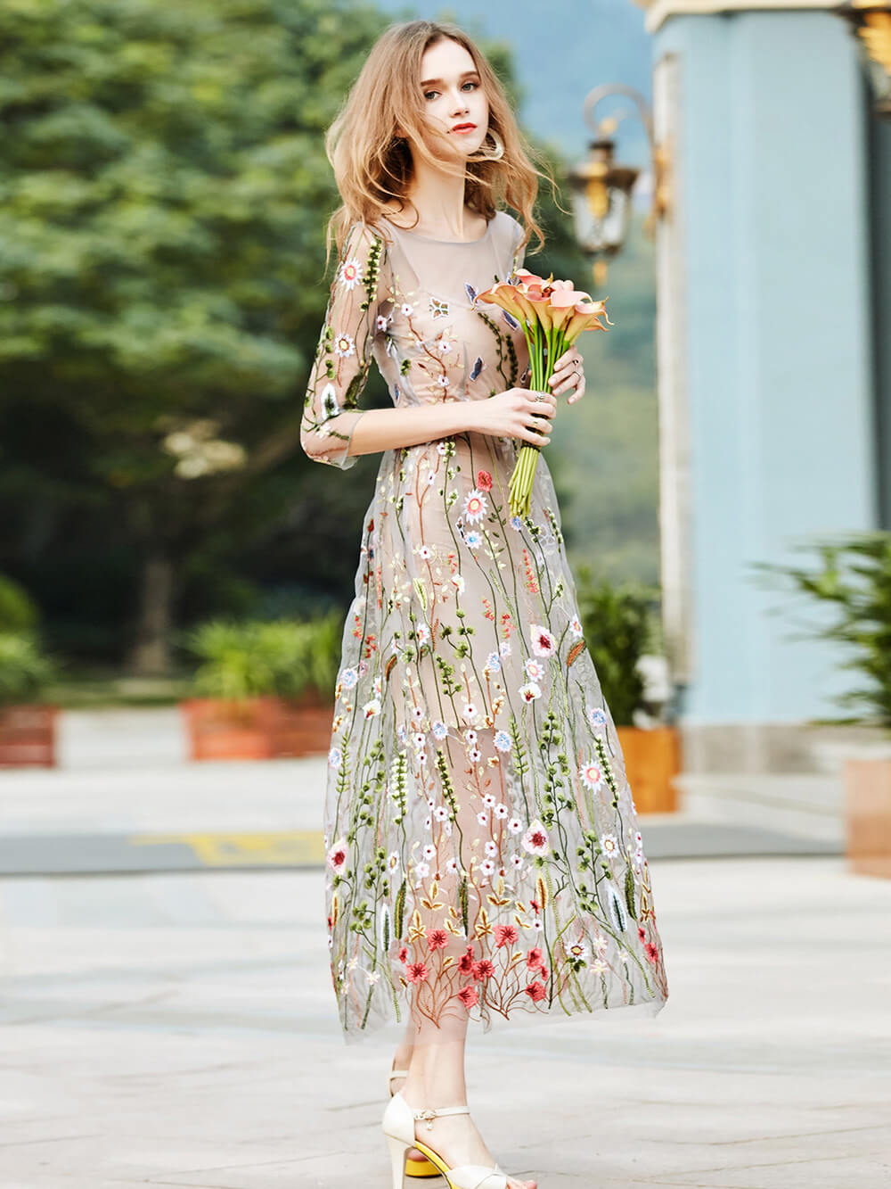 Sheer Garden Mini Dress Flower Embroidered