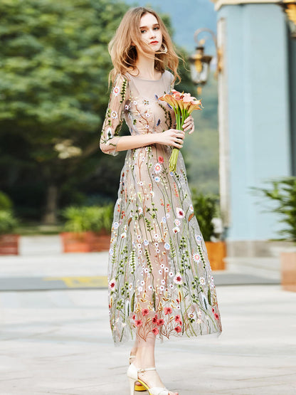 Sheer Garden Mini Dress Flower Embroidered