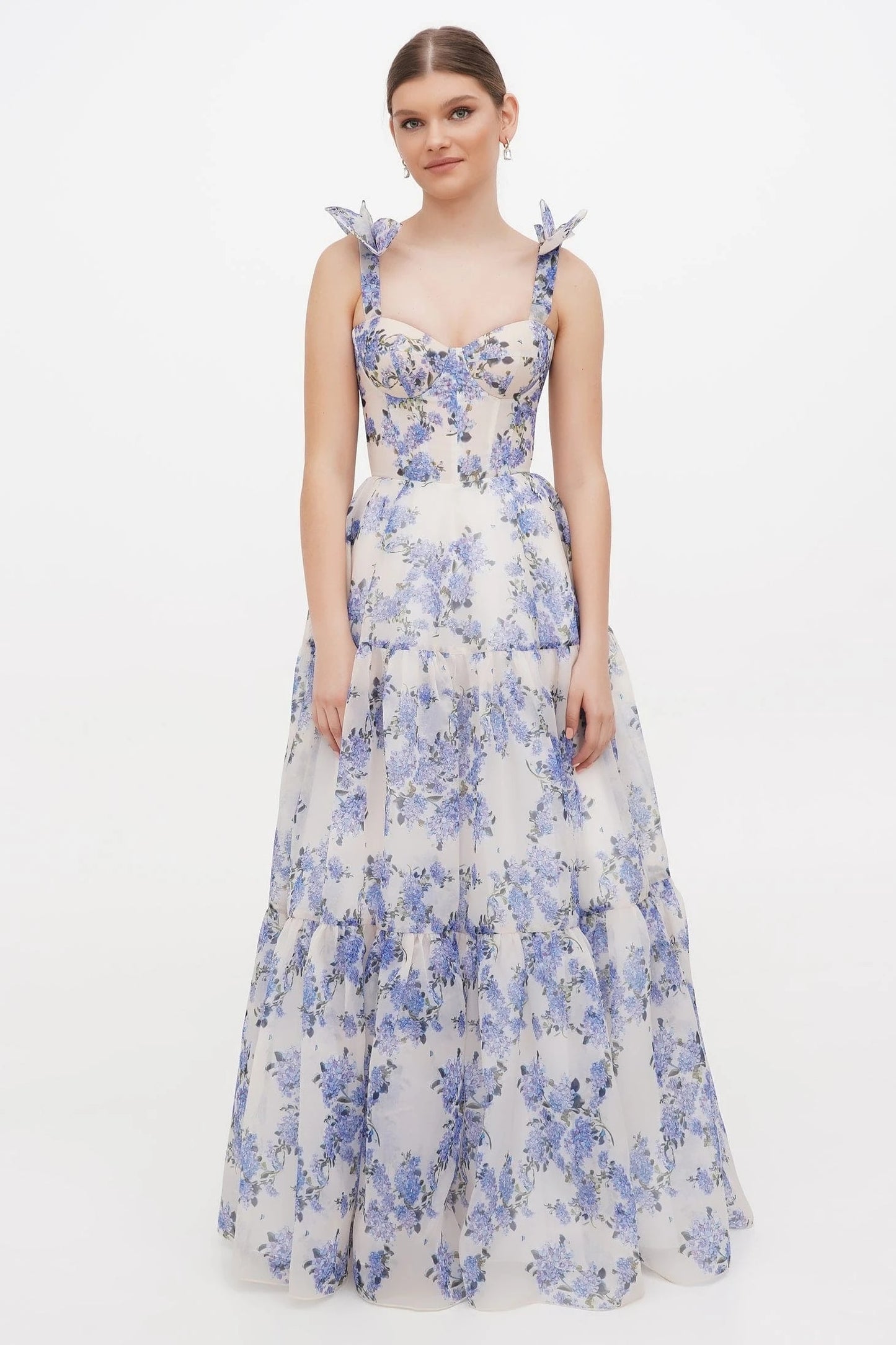 Floral Sweetheart Neck Frill Maxi Dress