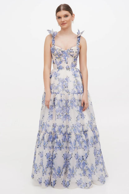Floral Sweetheart Neck Frill Maxi Dress