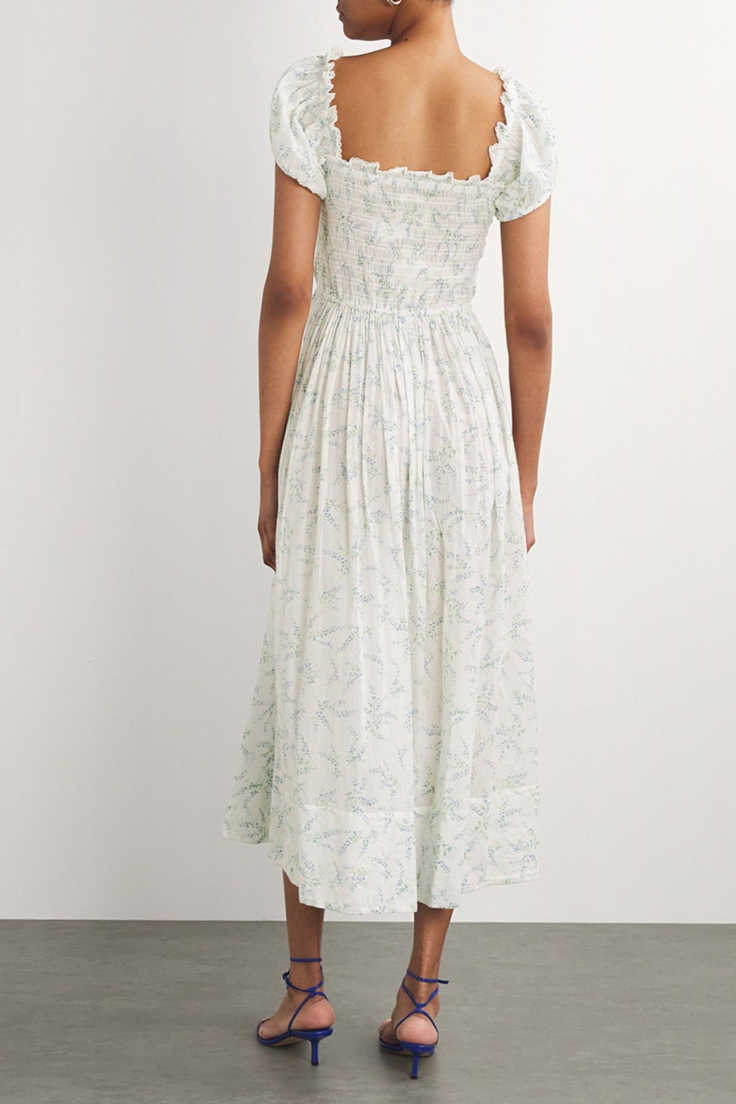 Floral Smocking Puff Sleeve Midi Dress