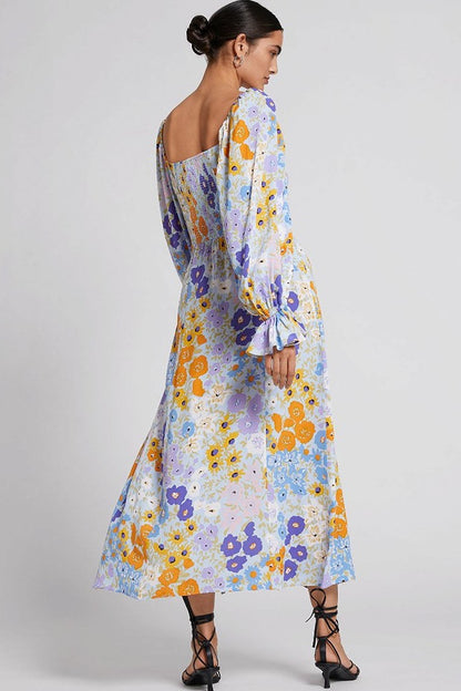 Floral Puff Sleeve Split Midi Dress