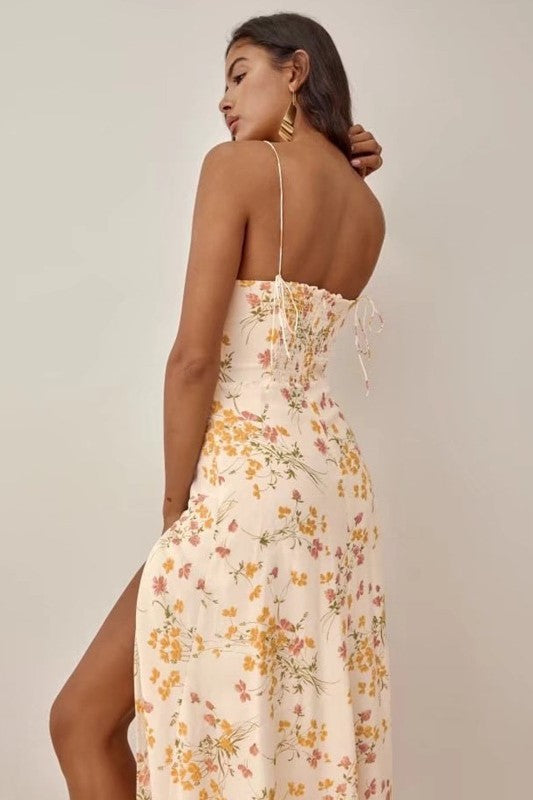 Floral Lace Up Split Midi Dress