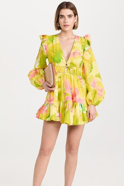 Floral V-Neck Frill Lantern Sleeve Mini Dress