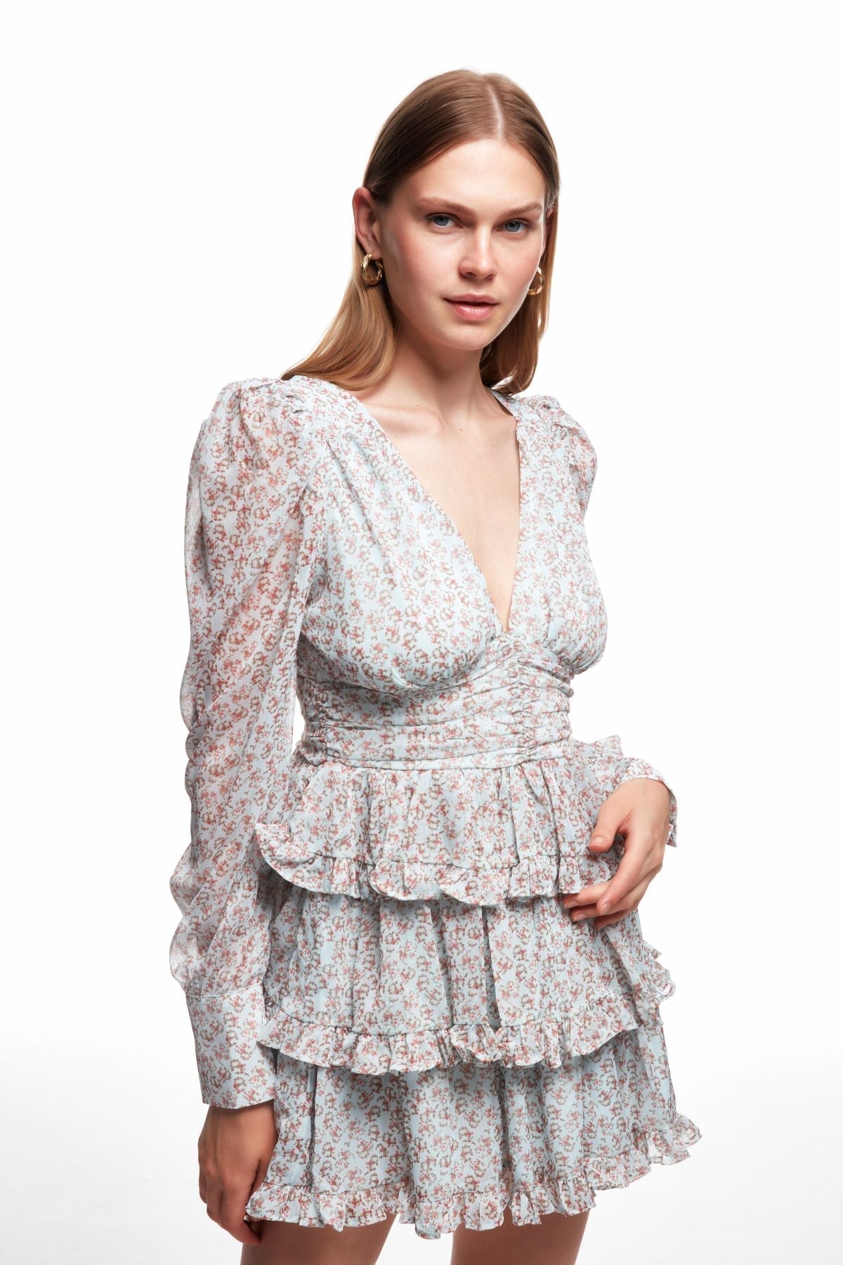 Floral Lantern Sleeve Backless Mini Dress