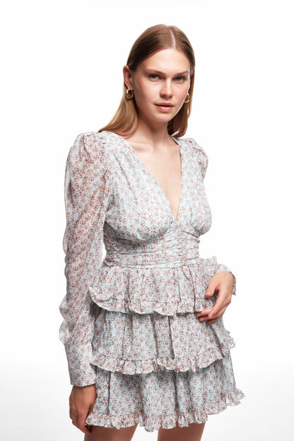 Floral Lantern Sleeve Backless Mini Dress