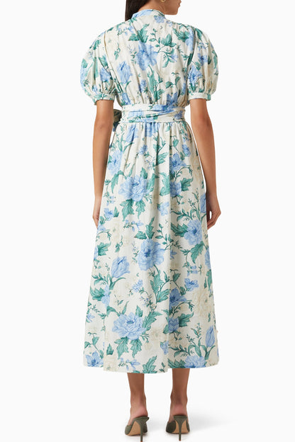 Floral Single Breasted Puff-Sleeve Midi Dress With Belt