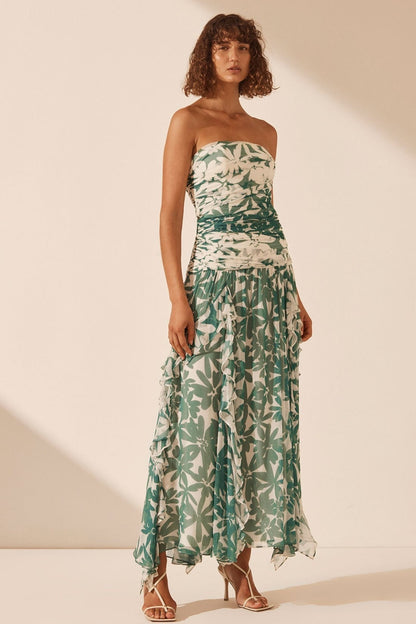 Floral Ruched Strapless Midi Dress