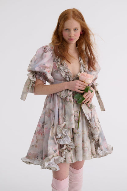 Floral Frill V-Neck Puff Sleeve Mini Dress