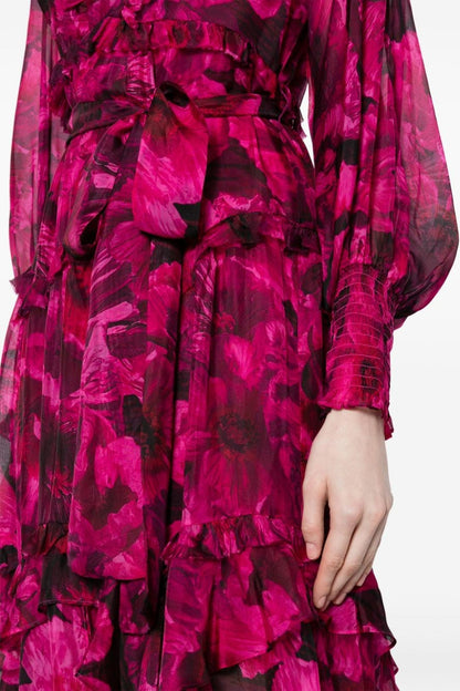Floral Ruffle Lantern Sleeve Midi Dress