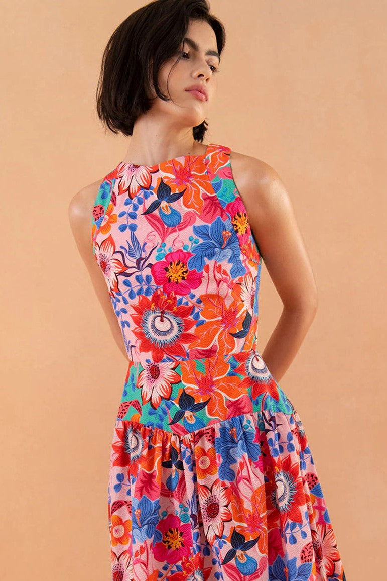 Floral Lace Up Ruffle Hem Maxi Dress