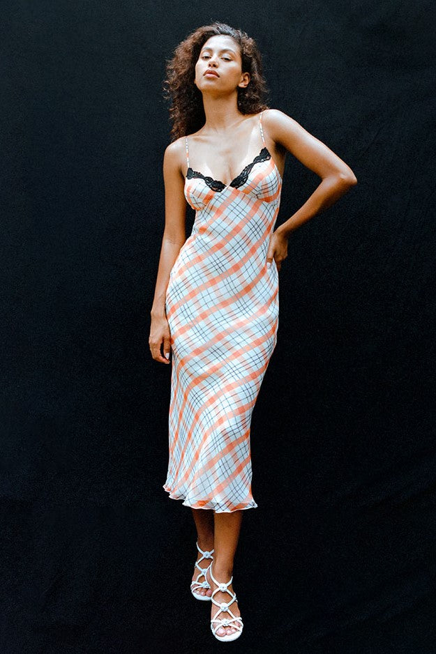 Lace Checks Slip Midi Dress
