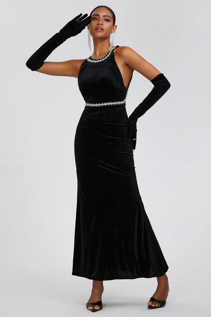 Velvet Bow Halter Backless Maxi Dress