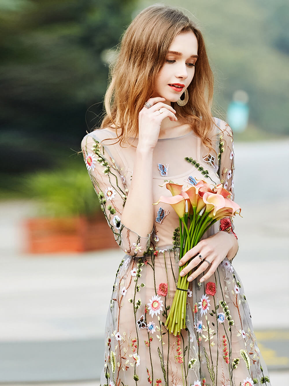 Sheer Garden Mini Dress Flower Embroidered