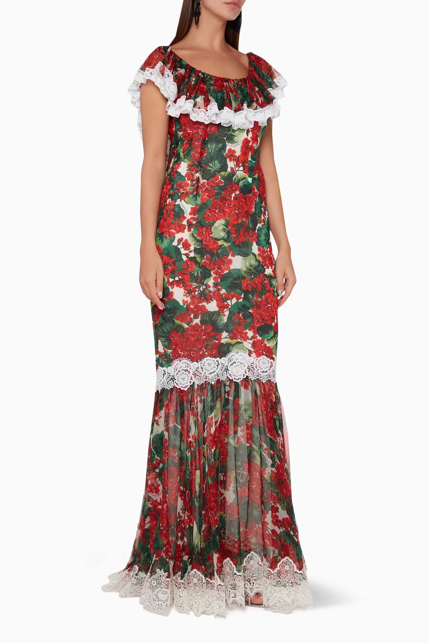 Lace Floral Frill Round Neck Midi Dress