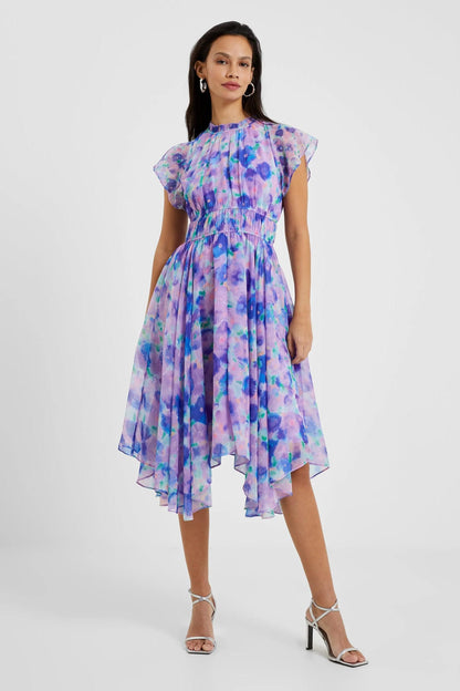 Printed Crew Collar Asymmetric Hem Midi Dress
