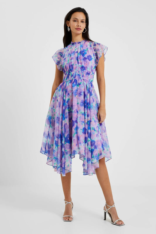 Printed Crew Collar Asymmetric Hem Midi Dress