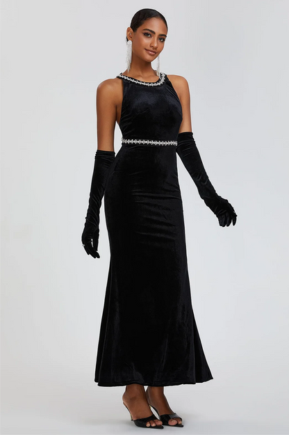 Velvet Bow Halter Backless Maxi Dress