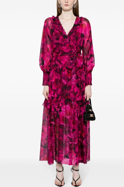 Floral Ruffle Lantern Sleeve Midi Dress