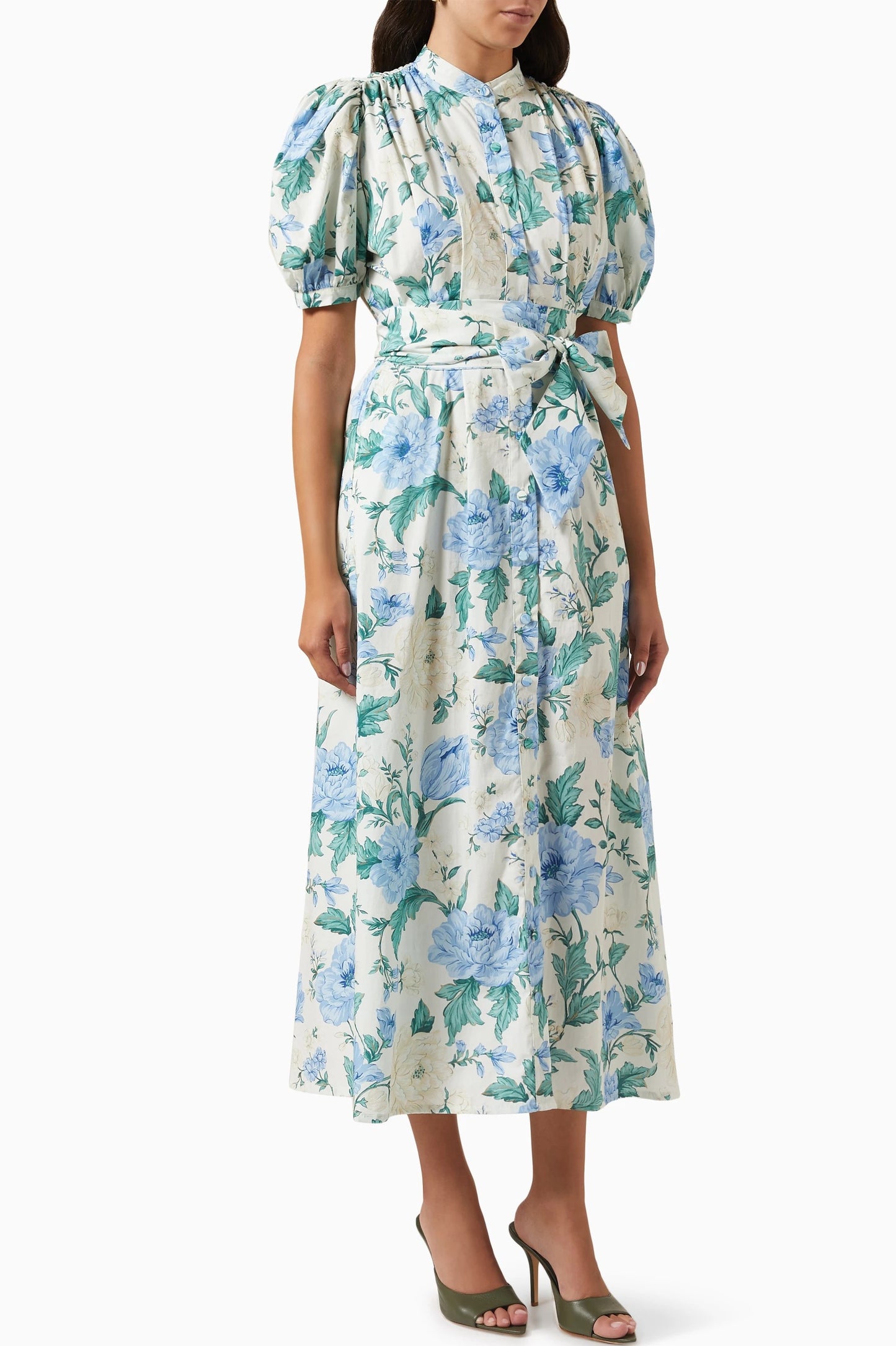 Floral Single Breasted Puff-Sleeve Midi Dress With Belt