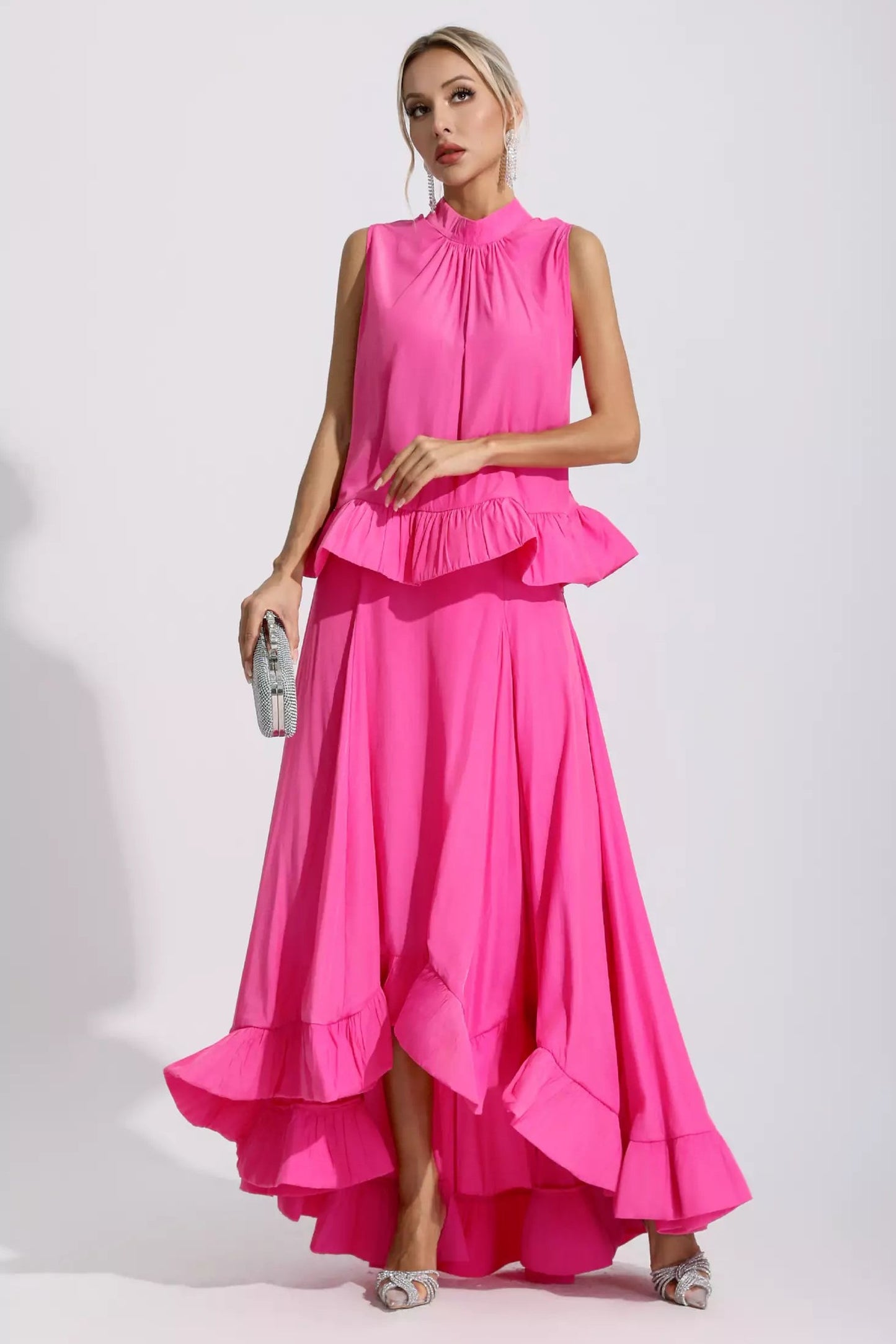 Solid Sleeveless Frill Top & Maxi Skirt Set