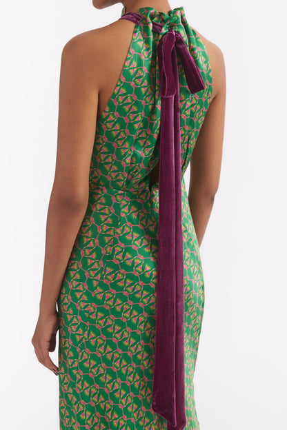 Emerald Reed Print Halter Neck Sleeveless Maxi Dress