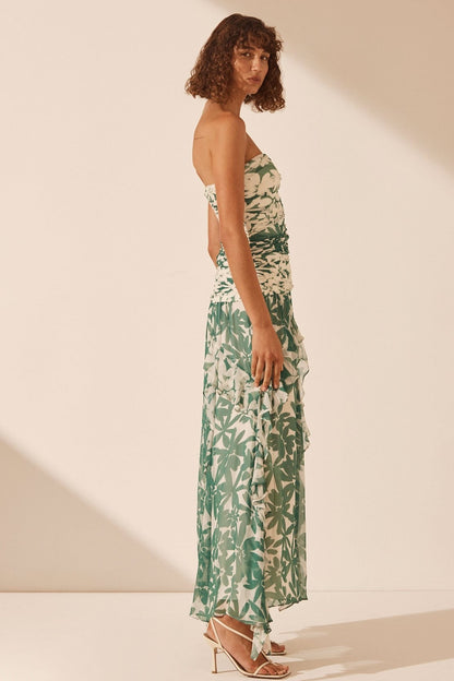 Floral Ruched Strapless Midi Dress