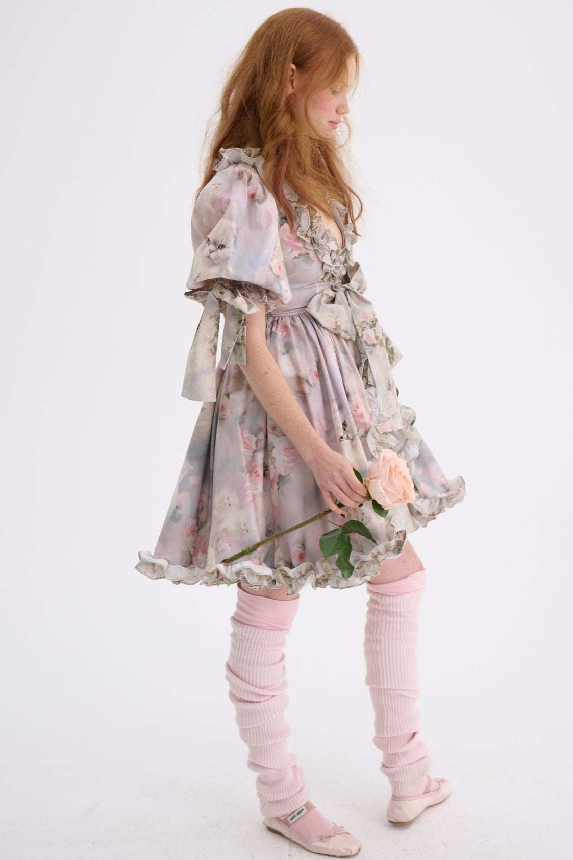 Floral Frill V-Neck Puff Sleeve Mini Dress