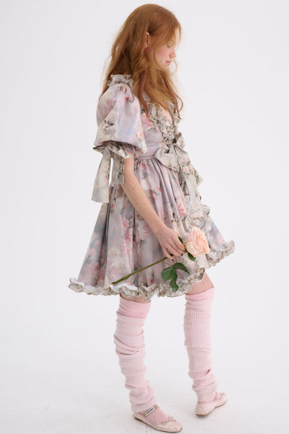 Floral Frill V-Neck Puff Sleeve Mini Dress