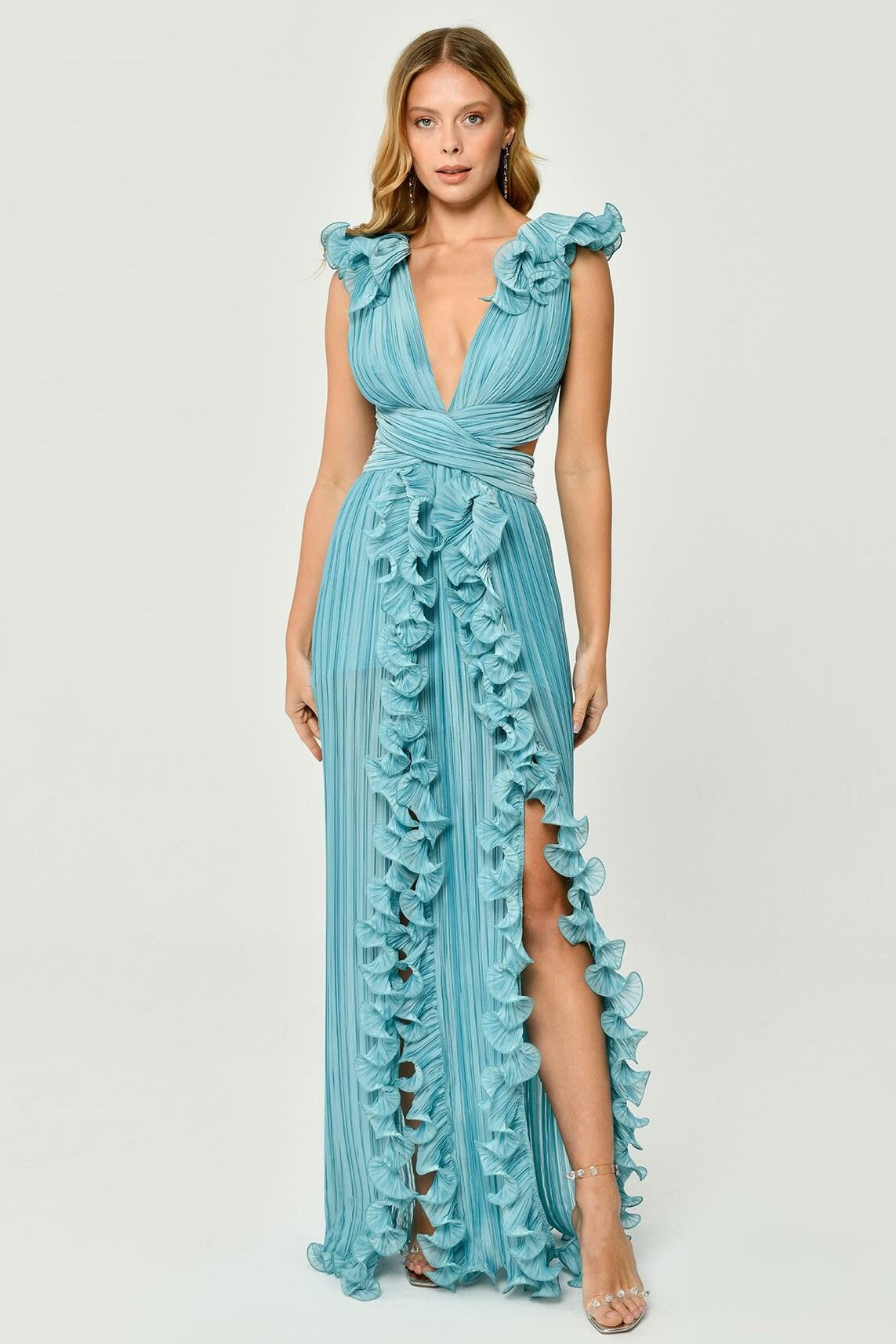V-Neck Cut-Out Pleated Split Maxi Dress Green
