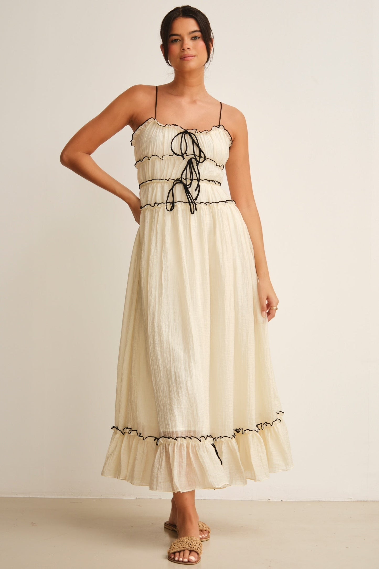 Frill Lace Up Sleeveless Midi Dress