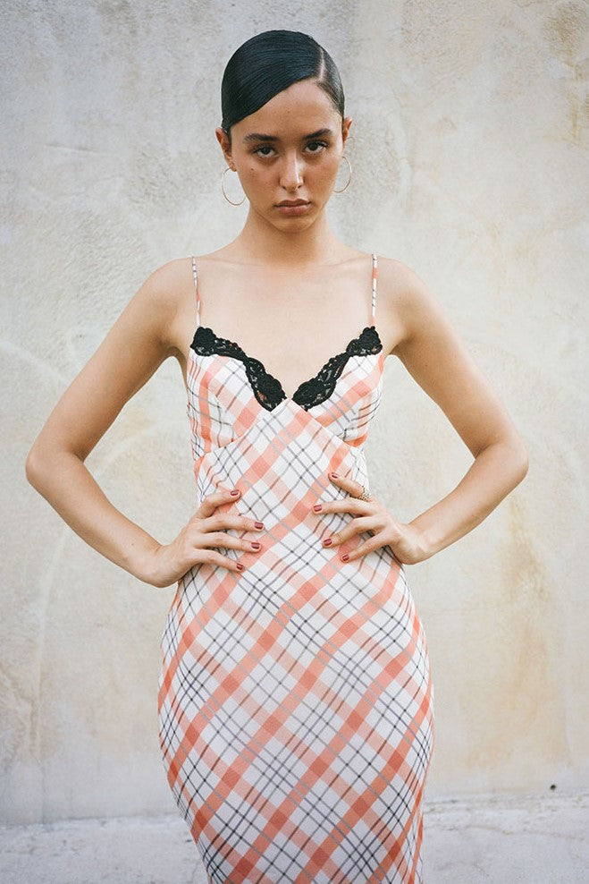 Lace Checks Slip Midi Dress