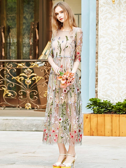 Sheer Garden Mini Dress Flower Embroidered