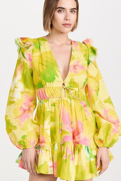 Floral V-Neck Frill Lantern Sleeve Mini Dress