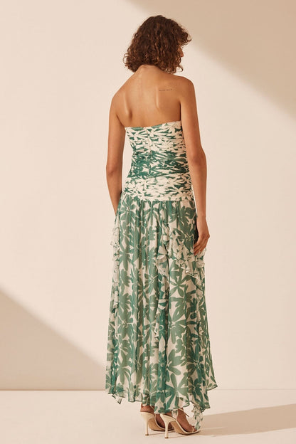 Floral Ruched Strapless Midi Dress