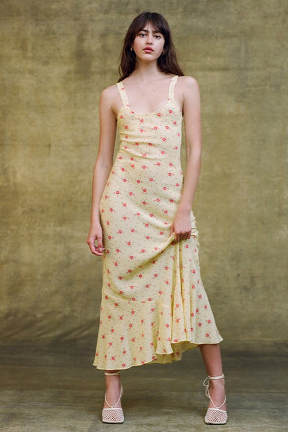 Floral U-Neck Sleeveless Fishtail Midi Dress