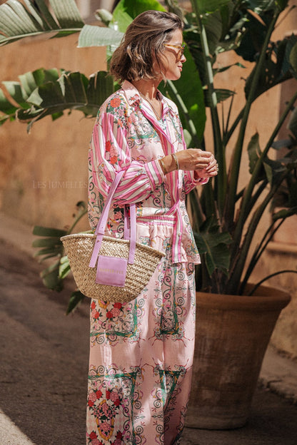 Floral Bottom Long Sleeve Top ＆ Mid Waist Wide Leg Pants Set