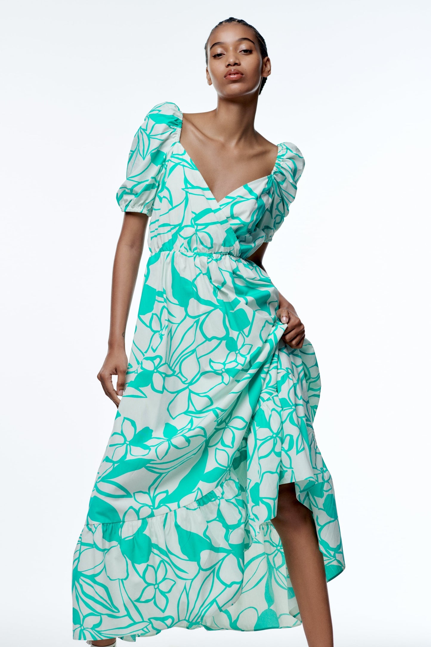 Floral Puff Sleeve V-Neck Large Hemline Maxi Dress