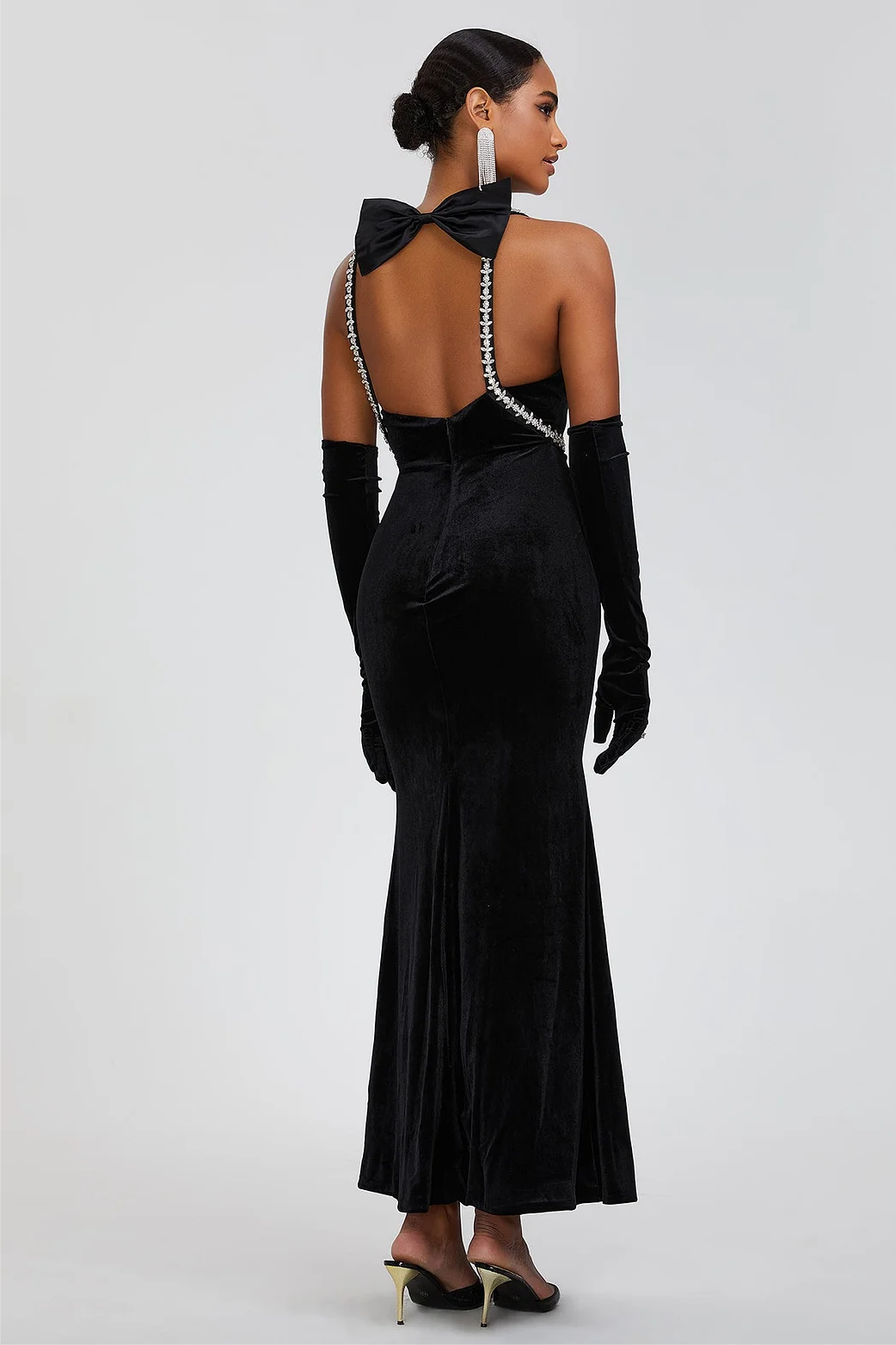 Velvet Bow Halter Backless Maxi Dress