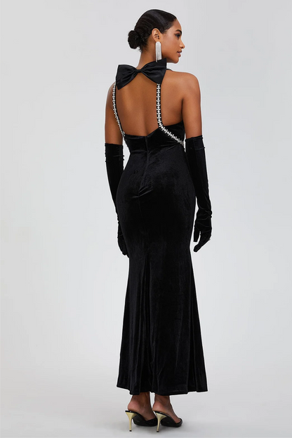 Velvet Bow Halter Backless Maxi Dress
