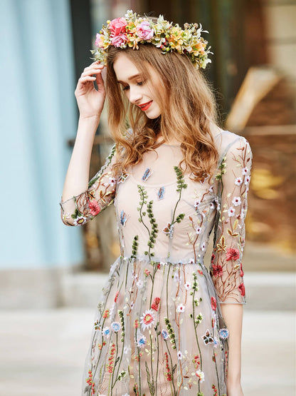 Sheer Garden Mini Dress Flower Embroidered