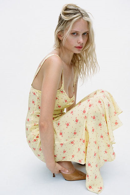 Floral U-Neck Sleeveless Fishtail Midi Dress